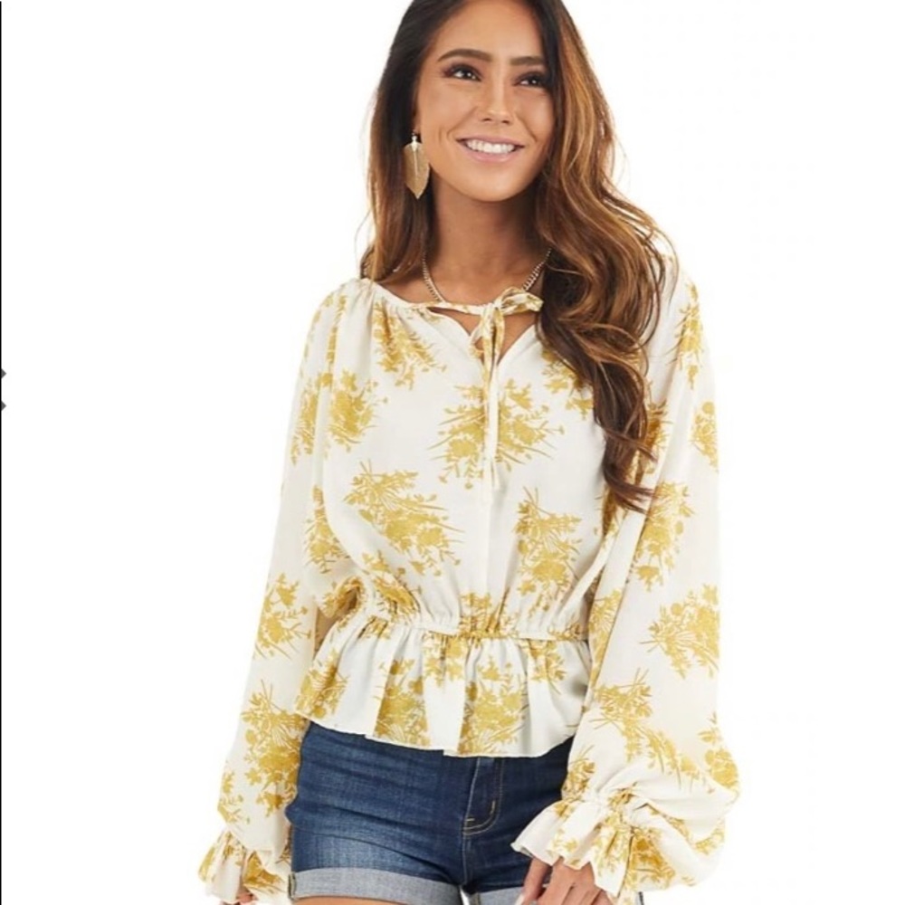 Gold and Ivory Floral Print Peasant Top fro Lime Lush Boutique